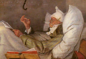 Titelbild: Zu sehen ist ein älterer Mann in seinem Bett. Mit seinen Lippen hält er eine Schreibfeder. In seiner linken Hand hält er Papier zum Schreiben. Vor ihm liegen Bücher und Schachteln. Es ist ein Ausschnitt des Bildes "Armer Poet" von Carl Spitzweg.