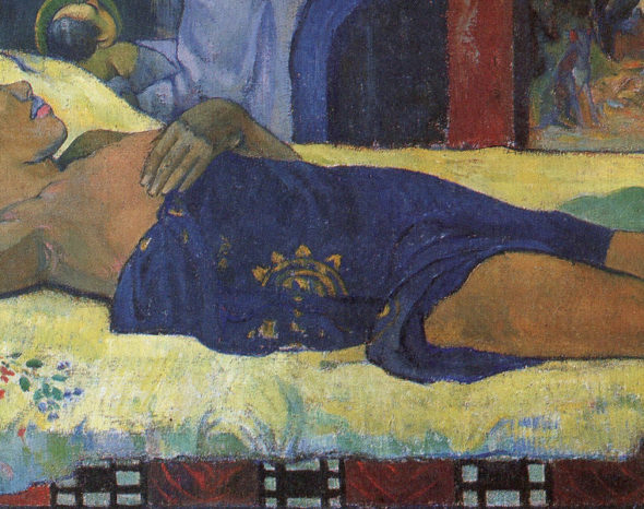 Titelbild: Eine Frau liegt auf einem Bett. Sie schläft auf dem Bettlaken. Es ist ein Ausschnitt des Bildes "Die Geburt" von Paul Gauguin.