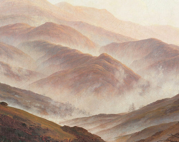 Casper David Friedrich, eine Mittelgebirgslandschaft am Morgen, in denen der Nebel aus den Tälern aufsteigt.