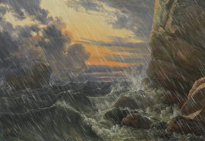 Johan Dahl, Morgen nach der Sturmnacht. nordische Felsküste mit abziehendem Sturm und hinzugefügtem Nebel