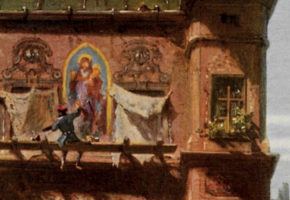 Ausschnitt aus Carl Spitzweg, Kunst und Wissenschaft, Ein Maler sitzt auf einem Gerüst und malt ein Madonnenbild auf eine Hausfassade.