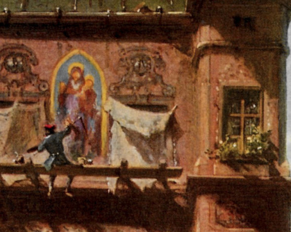 Ausschnitt aus Carl Spitzweg, Kunst und Wissenschaft, Ein Maler sitzt auf einem Gerüst und malt ein Madonnenbild auf eine Hausfassade.