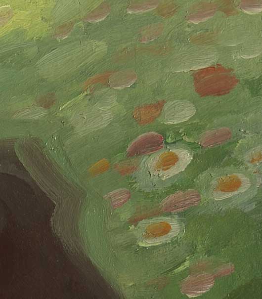 Gemälde: Leo Putz, Picknick (Ausschnitt Lichtreflexe Kleid)